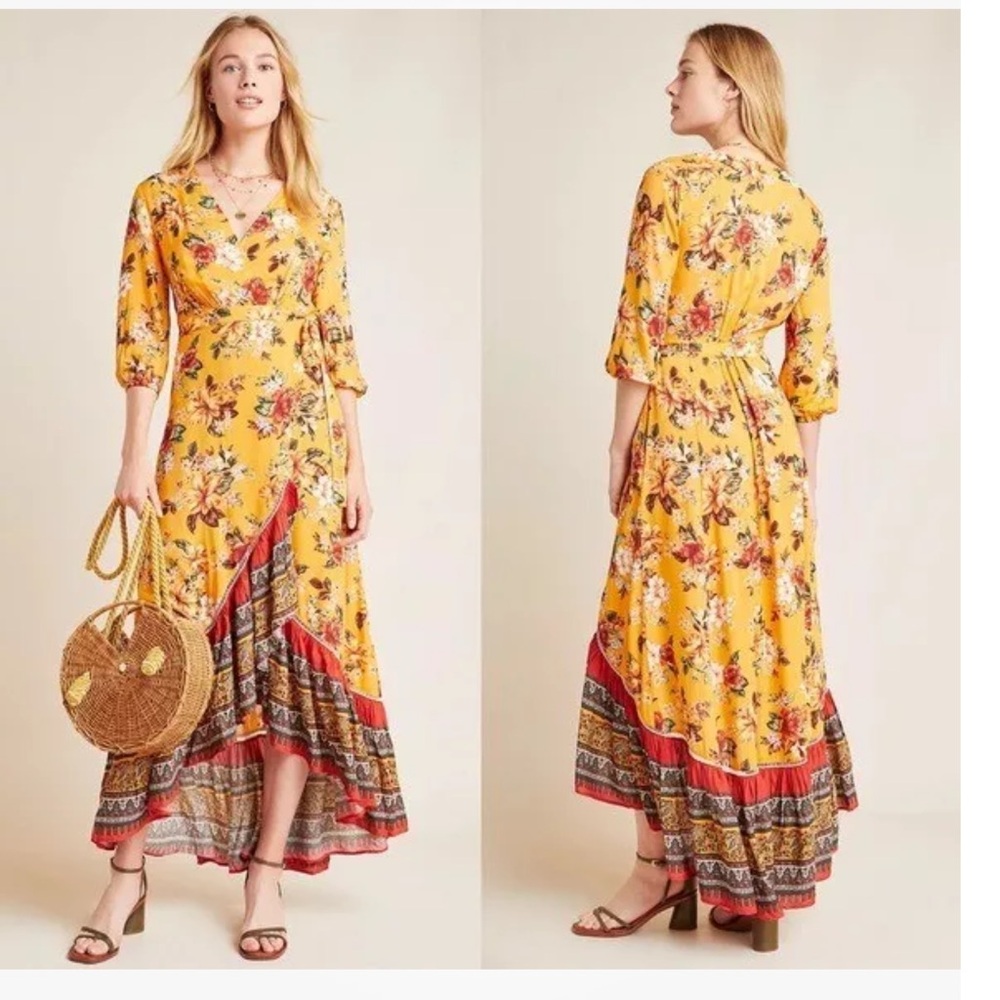 Anthropologie Farm Rio Soigne Maxi Wrap Dress Yellow floral Size M Boho *B*